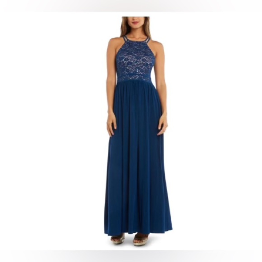 Nightway Womens 8 Blue Lace Glitter Sleeveless Halter Neck Gown Dress